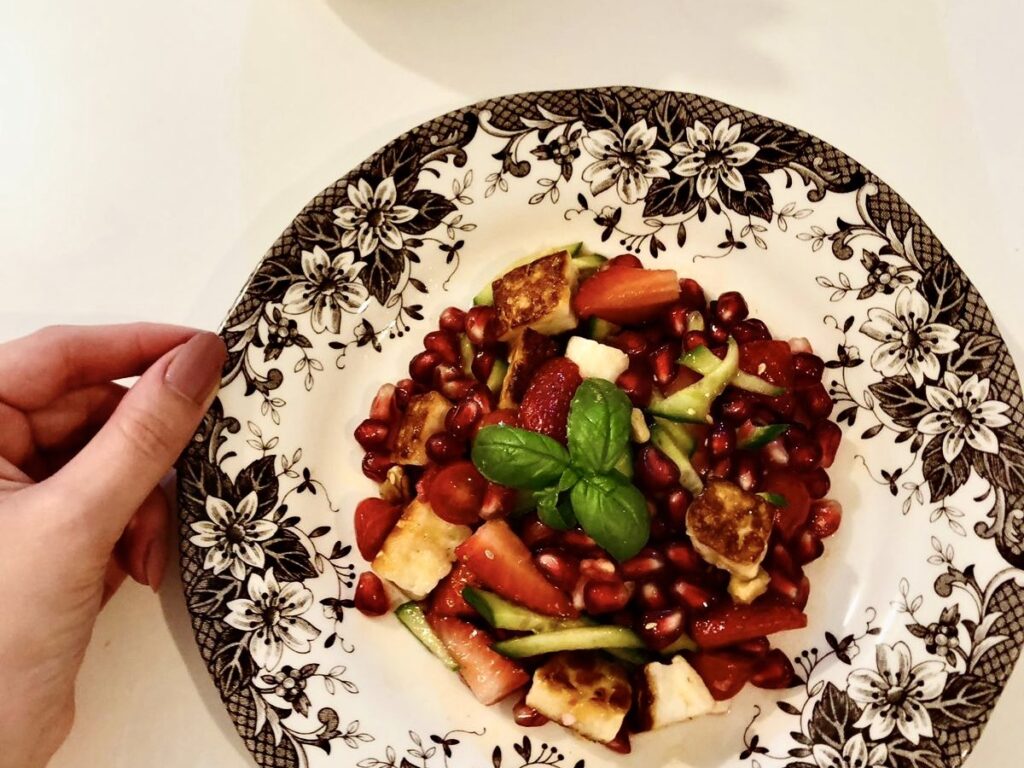 Fruit Salad with Grilled Halloumi Cheese