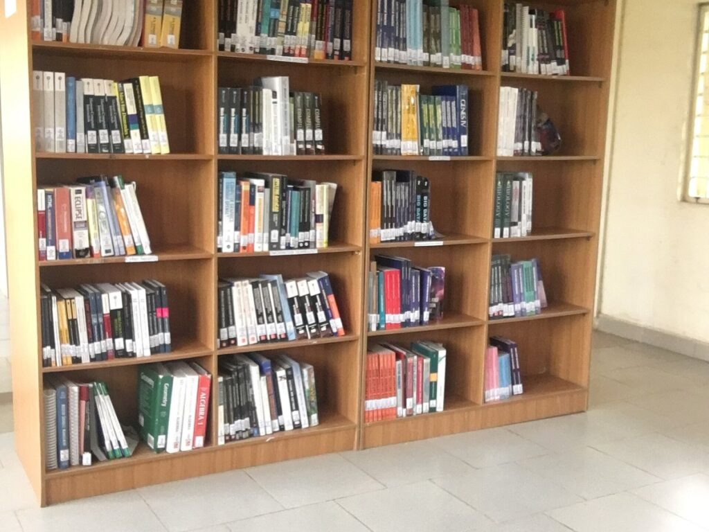 One of the numerous shelves in Pen Resource University’s Library
