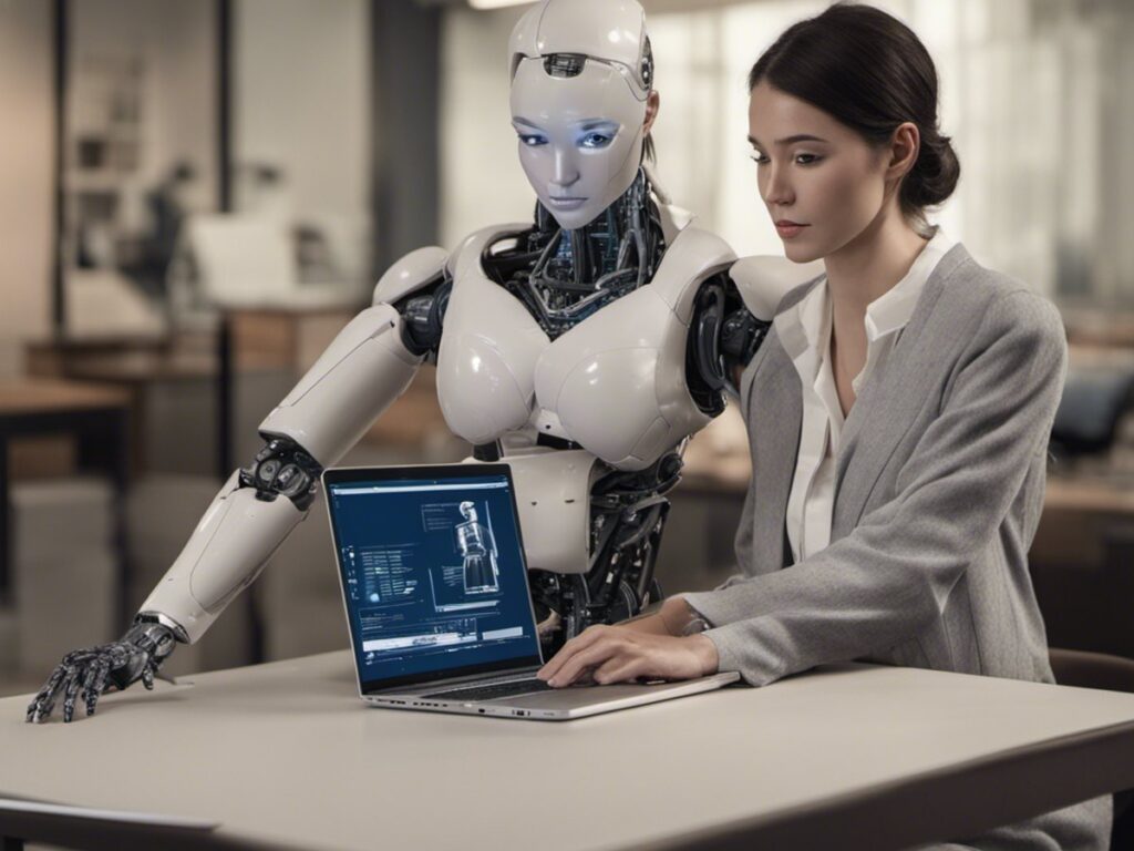 Humanoid robot and woman retrieve infomation - includes a visible typical error of recent AI generated picture